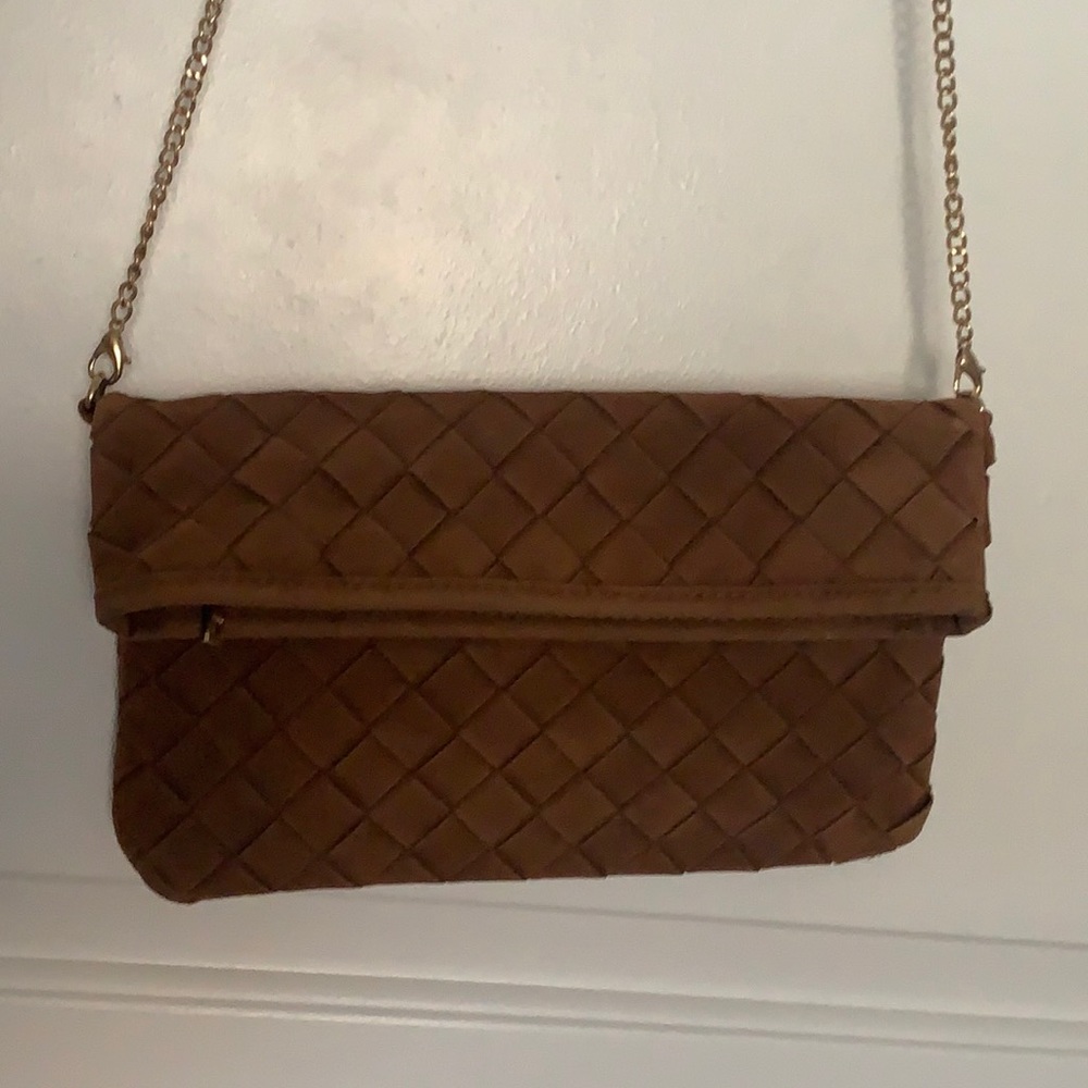 Faux Suede Woven Clutch w/ Detachable Chain Strap